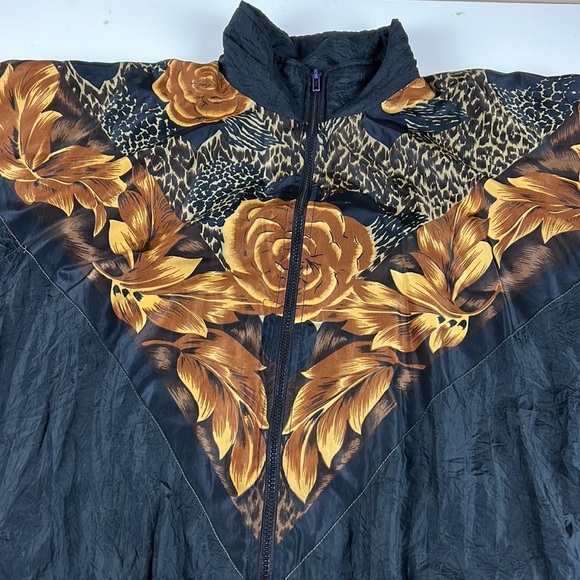 VINTAGE  80's Argee Sports Windbreaker Jacket Women's Medium Black Gold Floral - Picture 3 of 10